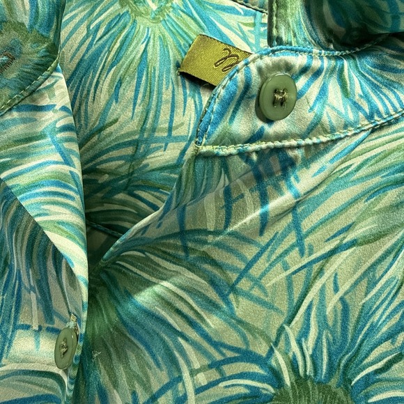 MILLY 100% Silk Shirt Dress Sz 4 Green Abstract Palms 3/4 Sleeves Button Down - Picture 8 of 11